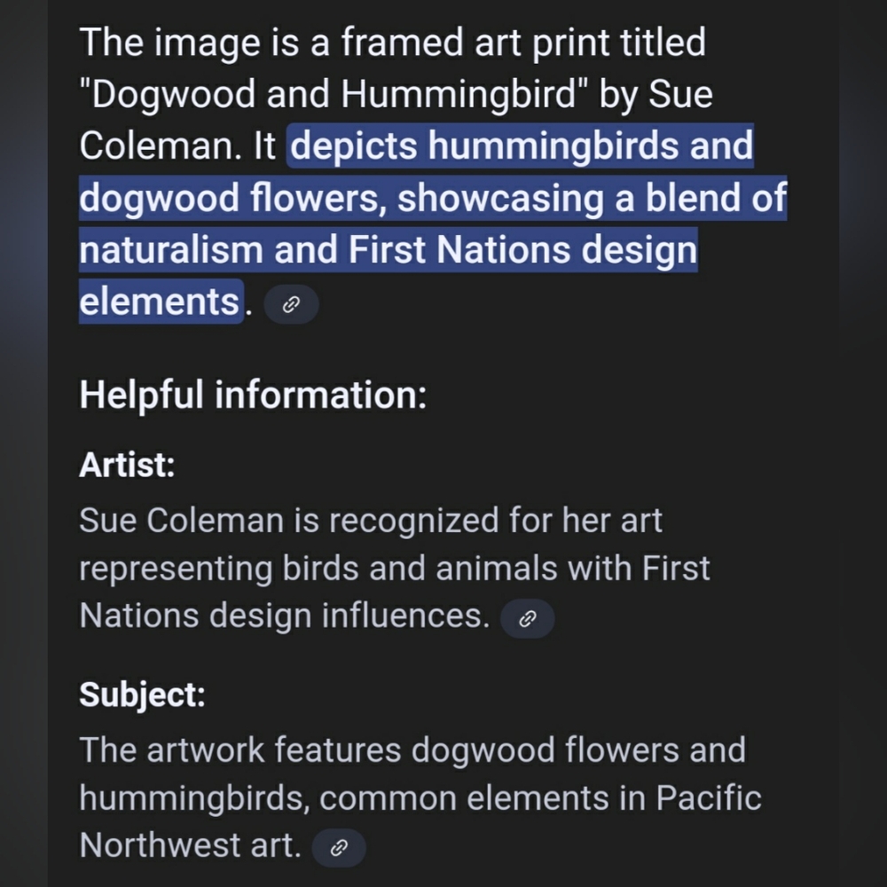 Sue Coleman Dogwood and Hummingbird Art Print. Framed and Matted - Picture 7 of 8